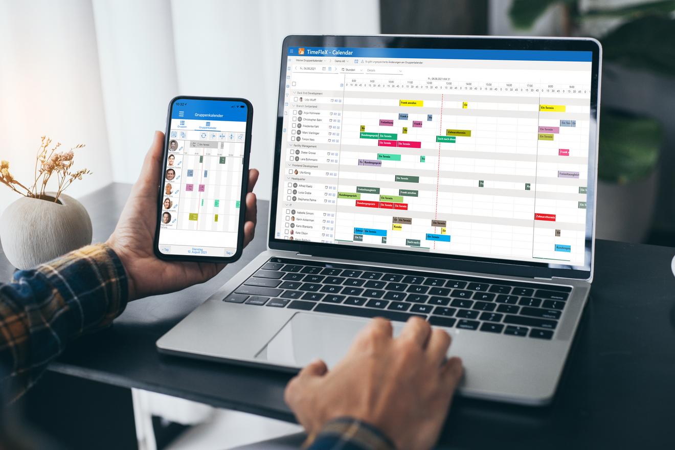 TimeFleX Gruppenkalender auf Laptop und Smartphone