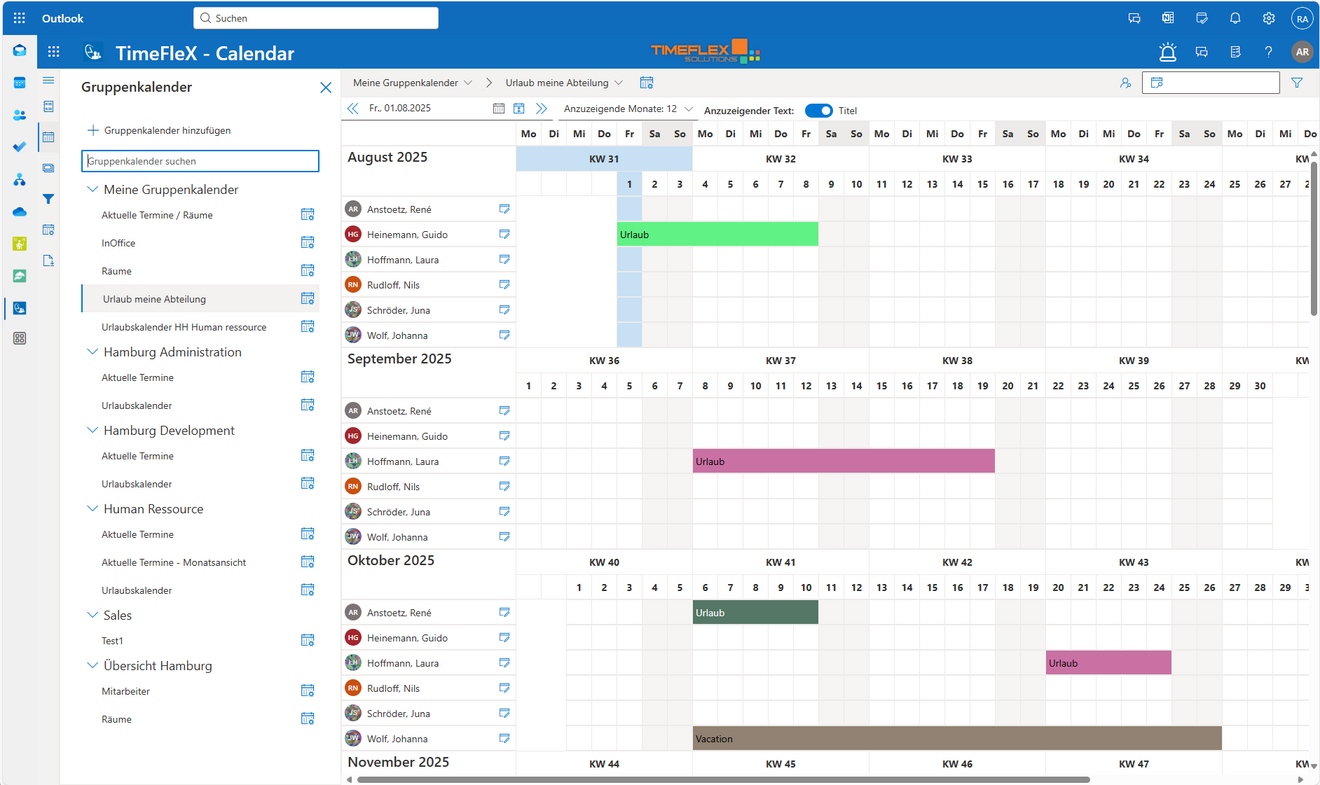 TimeFleX Gruppenkalender: Jahresansicht mit Urlaubsfilter für eine Abteilung