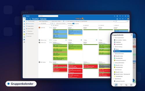 TimeFleX Gruppenkalender in Outlook mit Wochenansicht und Web-App auf dem Smartphone