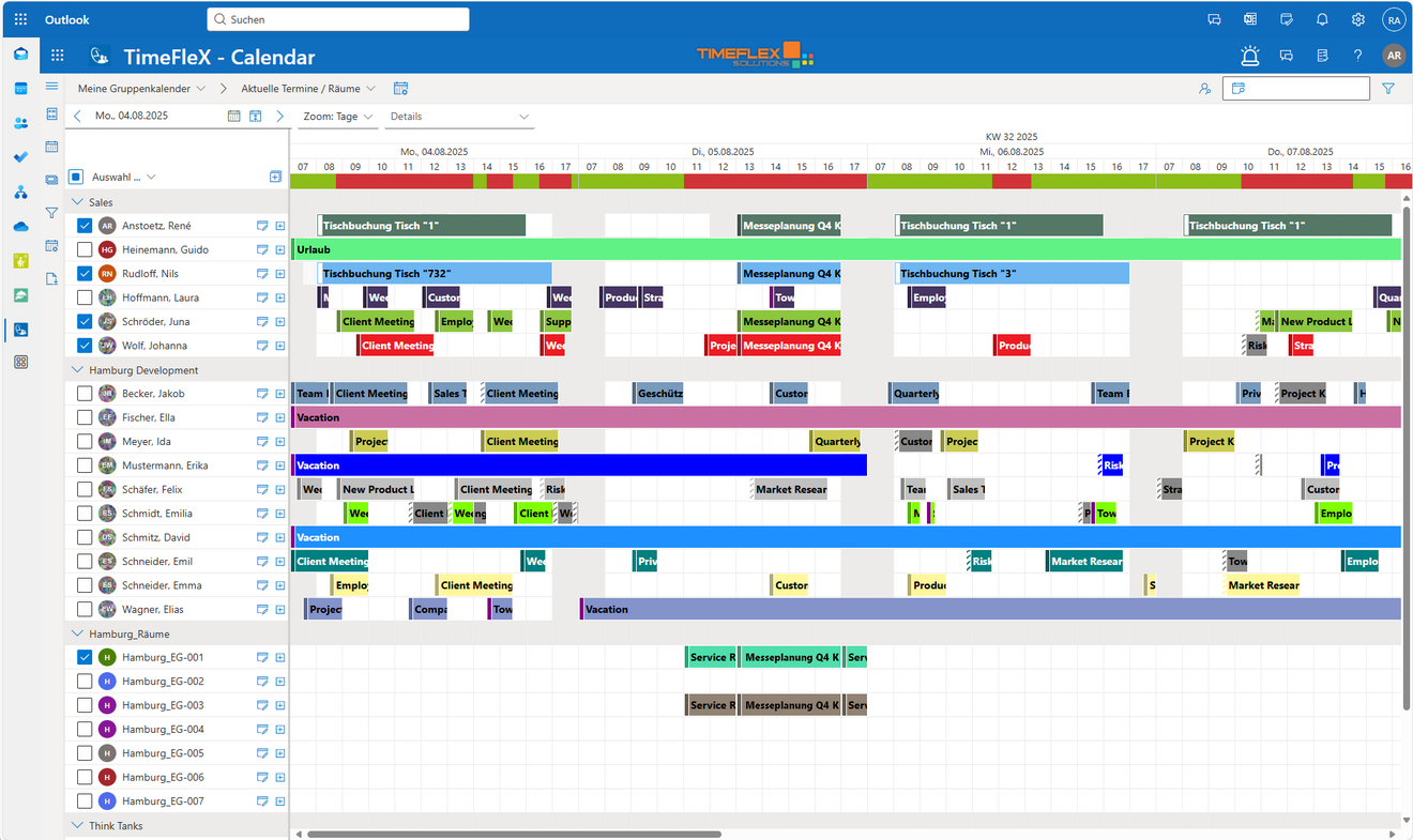 TimeFleX Gruppenkalender: Zeitleiste mit Personen, Räumen und Ressourcen in Outlook