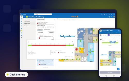 TimeFleX Desk Sharing mit Kollegensuche im Lageplan sowie Web-App auf dem Smartphone