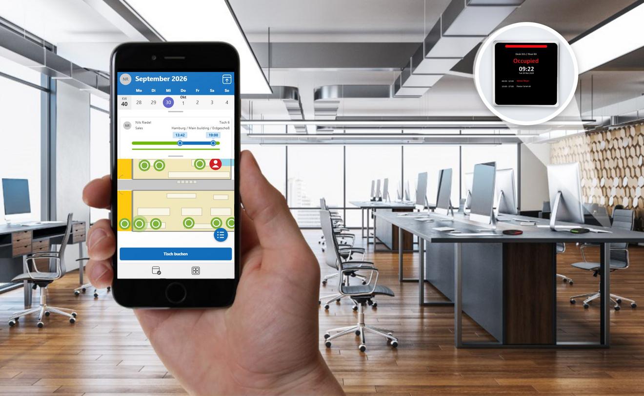 Arbeitsplatz per Smartphone buchen mit TimeFleX Desk Sharing – Buchungspanel TD-0360 am Schreibtisch