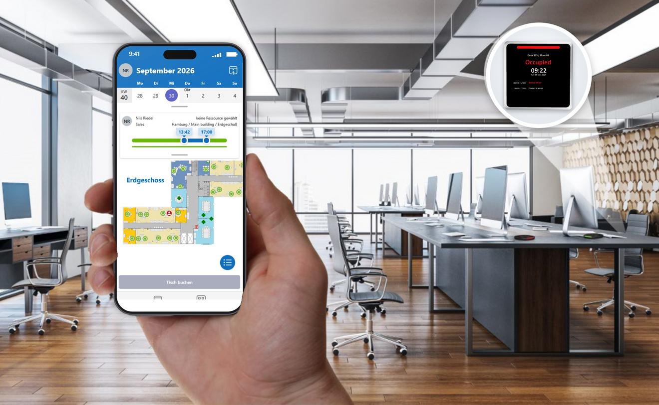 Arbeitsplatz per Smartphone buchen mit TimeFleX Desk Sharing – Buchungspanel TD-0360 am Schreibtisch