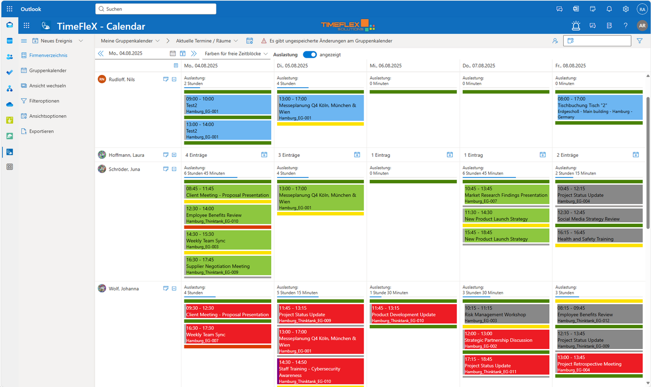 TimeFleX Gruppenkalender: Wochenansicht mit Auslastung und freien Zeiten